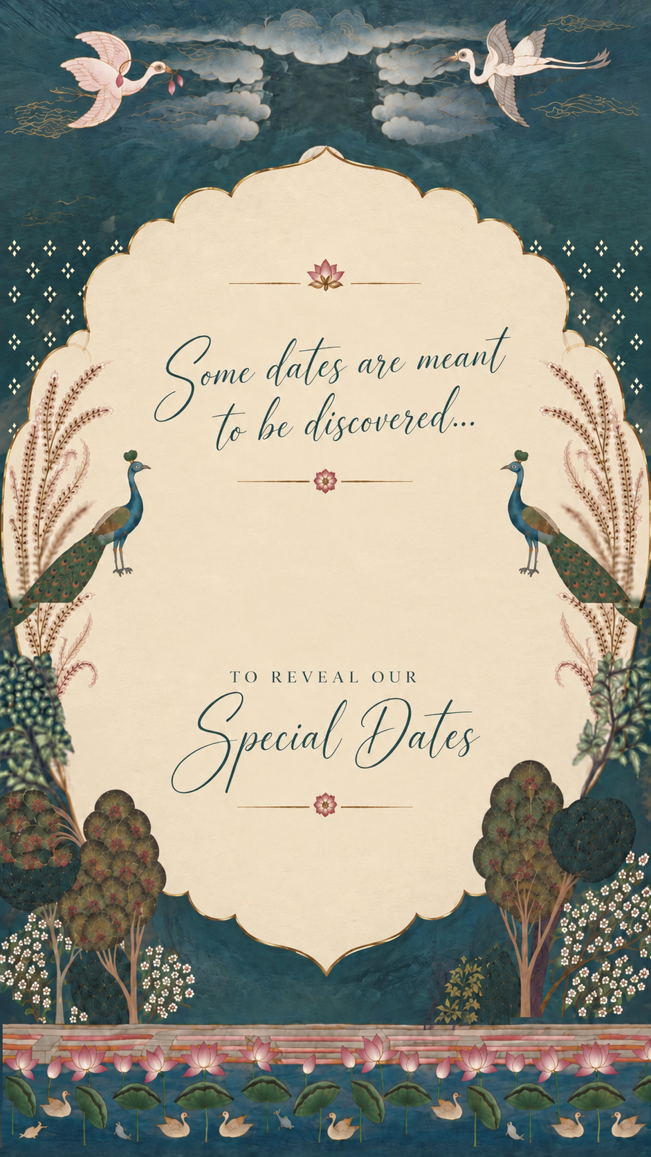 Ornate invitation reading Some dates are meant to be discovered and To reveal our Special Dates